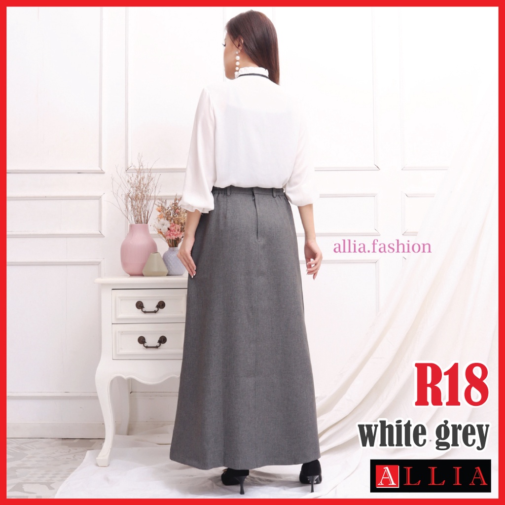 Rok A Line / ALLIA R18 White Grey M - 7L / Rok Payung Jumbo / Rok kerja Wanita