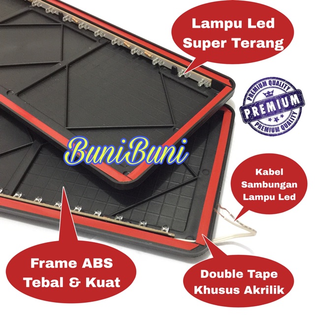 Dudukan / Tatakan / Cover / Frame Plat Nomor Mobil Dengan Lampu Led Putih &amp; Biru Mika Akrilik