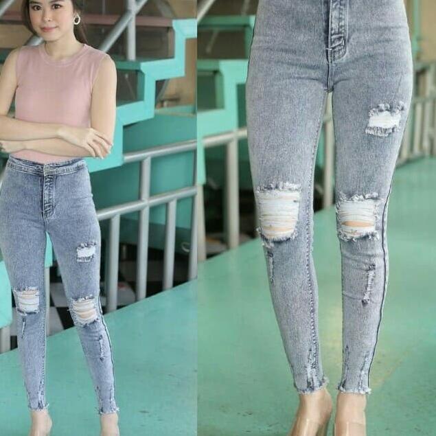 CELANA JEANS WANITA GINZU ORIGINAL SOBEK ROBEK RIPPED HW HIGH WAIST