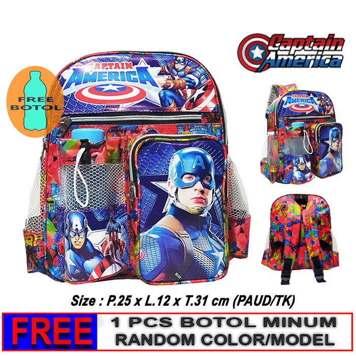 Tas Ransel anak Sekolah PAUD/TK karakter CAPTAIN AMERICA free botol // Tas ransel CAPTAIN AMERICA