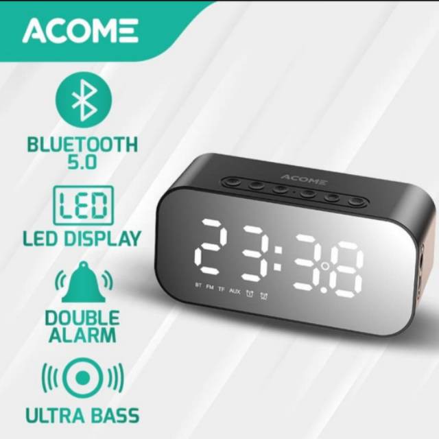 Acome A5 Speaker Bluetooth 5.0 Jam Alarm LED Display Ultra Bass -Black