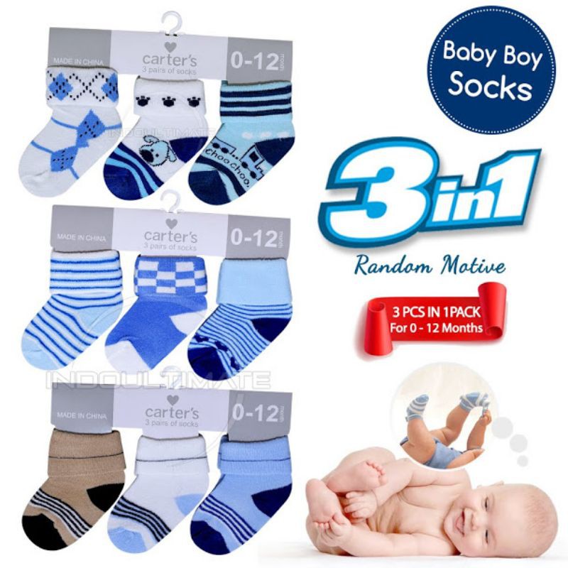 3pcs kaos kaki bayi 0-12 bulan cotton tebal perempuan laki-laki motif Random