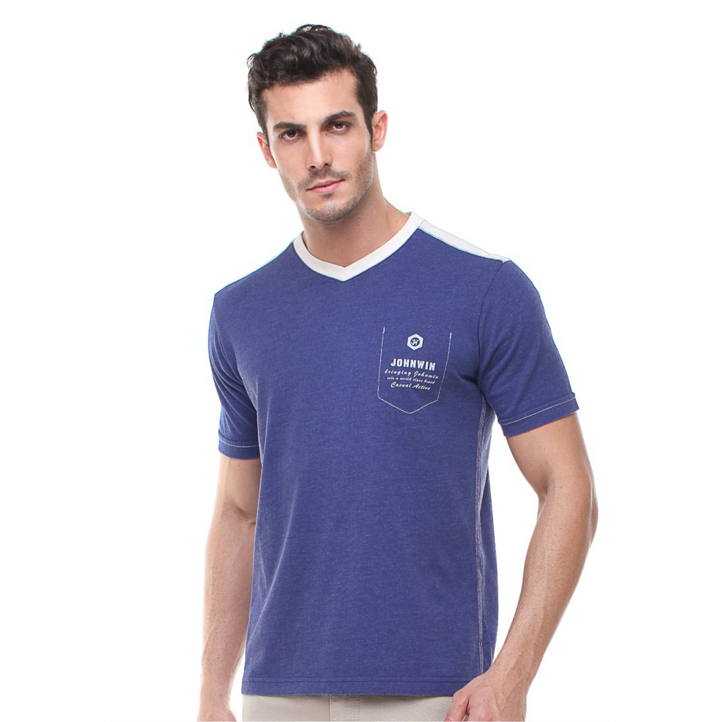 Johnwin - Kaos Casual - Kaos Pria - T Shirt - V neck - Biru - Slim Fit - ATS.622.M110.01.C - Free ke
