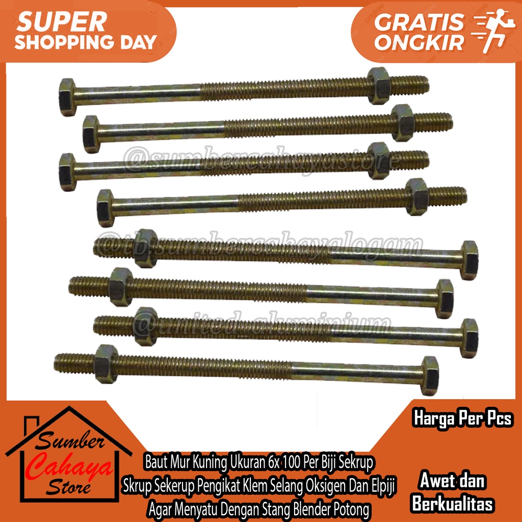 Baut Mur Kuning Hexagon Bolts Nuts Besi Ukuran 6mm x 100 Kunci 10 Per Biji Per Pcs Sekrup Galvanis G