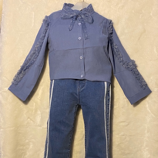Baju Kemeja Atasan Anak Perempuan Cewe Import Biru - Celana Panjang Anak Perempuan Import Biru