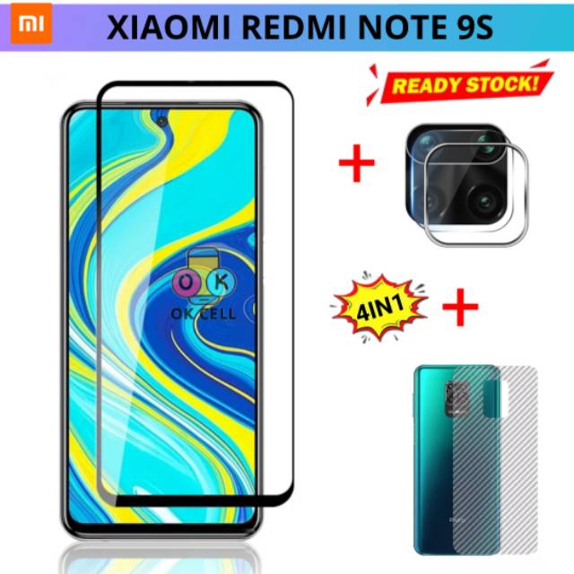 4in1- Tempered Glass Full Layar Kamera Xiaomi Redmi Note 9S TG Anti Gores Karbon Pelindung Kamera