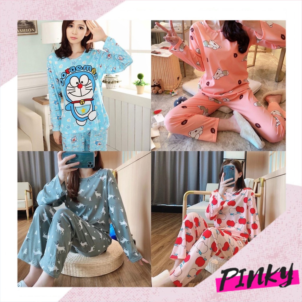 ❣Pinky❣Baju Tidur Wanita Import Setelan Piyama Lengan Panjang Motif Kartun Lembut Fit to XXL 4018-1