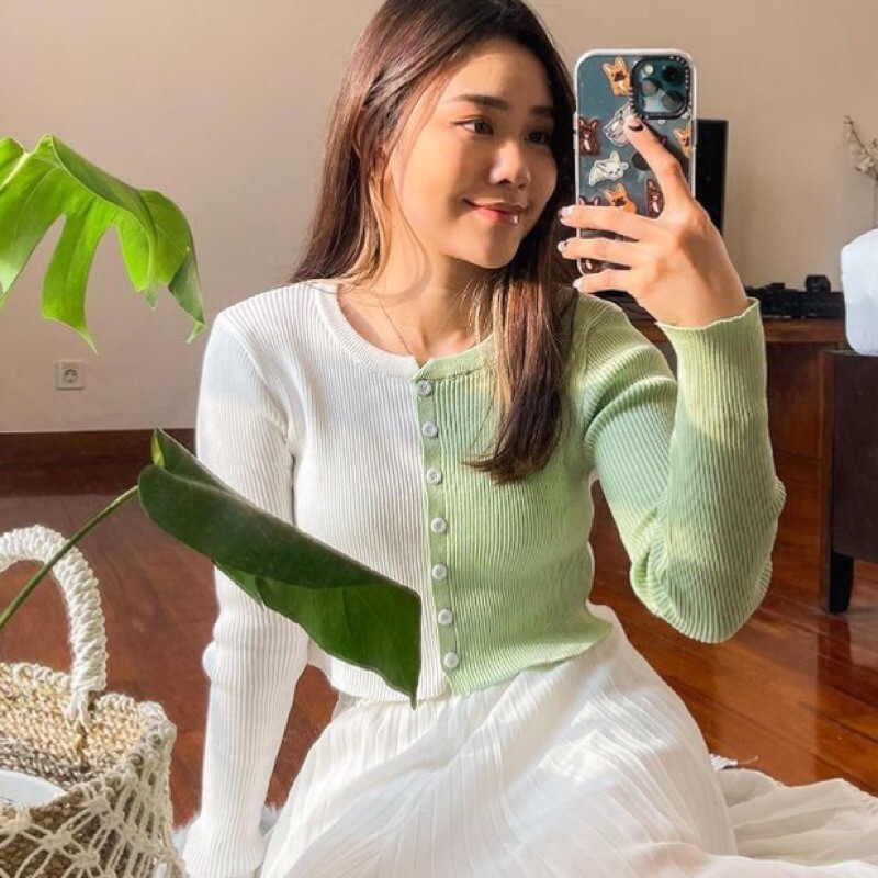 Cardigan Kancing Two Tone Atasan Wanita Lengan Panjang Crop Shirt Rajut 2 warna korean top leviora