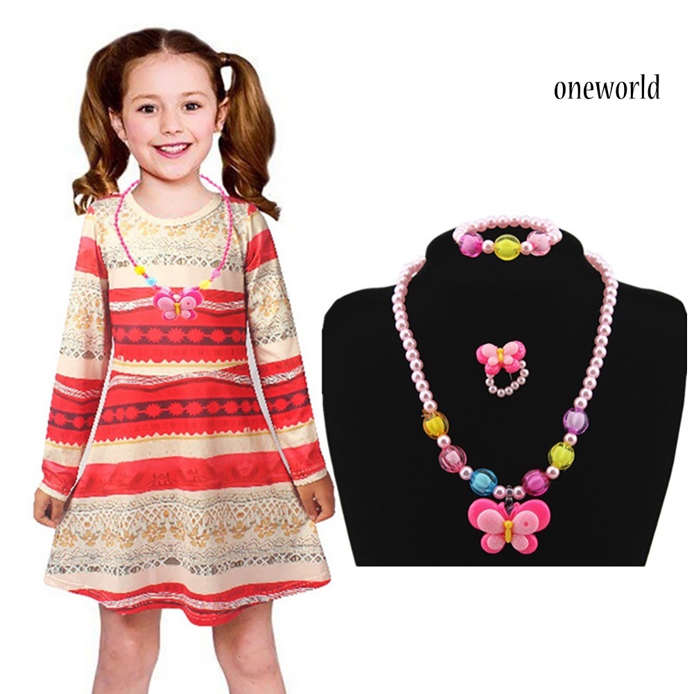 OW@ 3Pcs Girls Yellow Duck Butterfly Candy Bead Ring Necklace Bracelet Jewelry Set