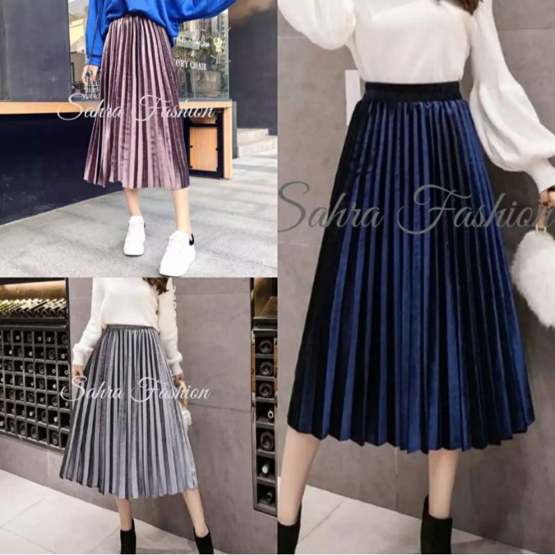 ROK PLISKET VELVET BLUDRU 7/8 (DI BAWAH BETIS) // ROK BLUDRU IMPORT// ROK IMPORT