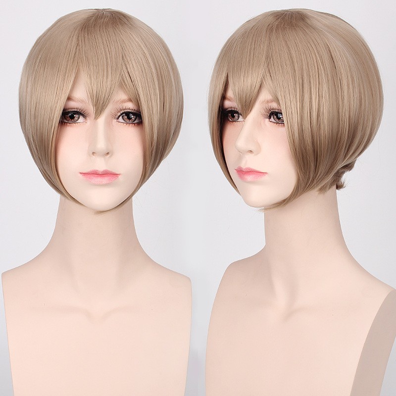 K047-11 DARK LINEN wig base cowok pendek cosplay rambut palsu 30 cm hitam abu daily