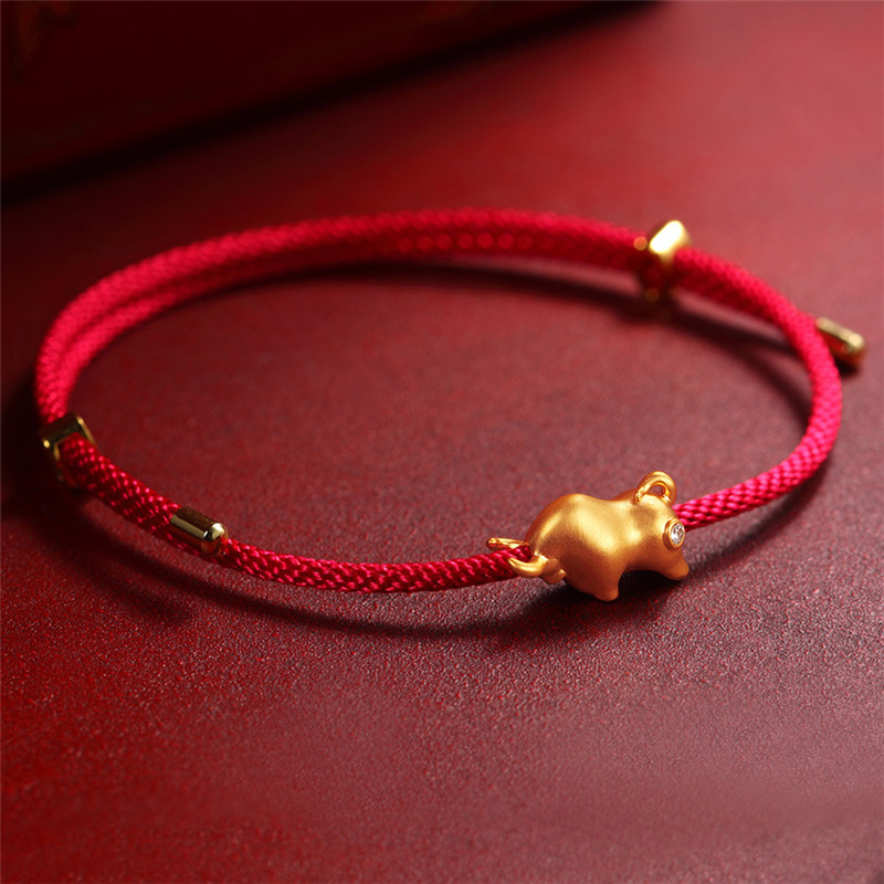 [Ready Stock]Fashion Unique Gold-Plated round Beads Calf Bracelet Red Rope Bracelet