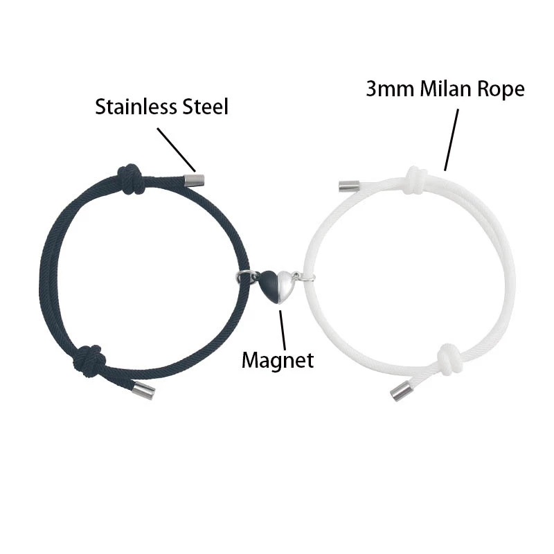 1 Pasang Gelang Tali Milan Adjustable Dengan Liontin Hati Magnet Warna Hitam Putih Untuk Pasangan