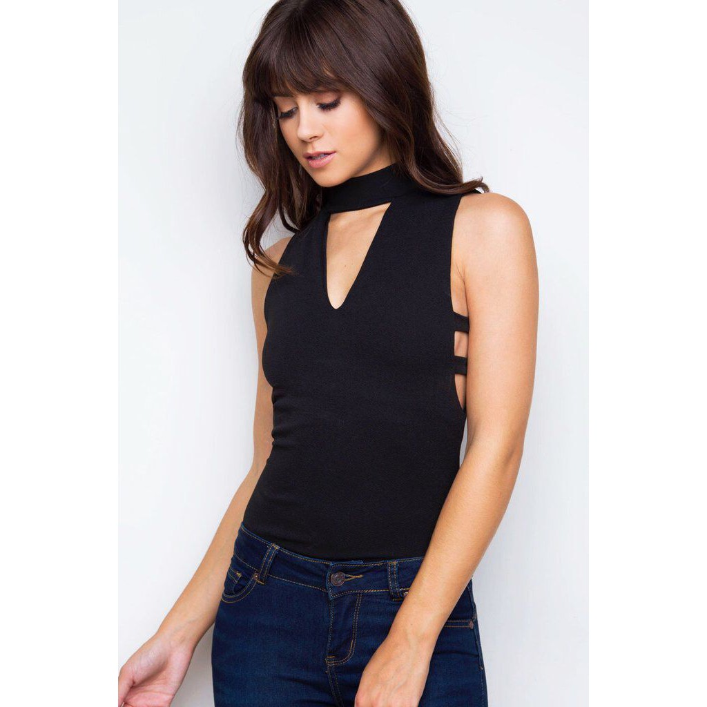 Blouse Tanpa Lengan Import - 31001 Black Deep V Neck Top