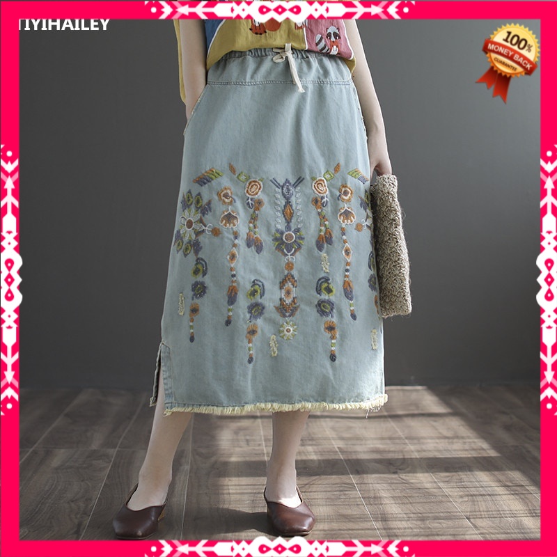 Rok Denim Panjang Import Tassels Cotton Denim Long Mid-calf Skirts For Women Summer Elastic Waist A-