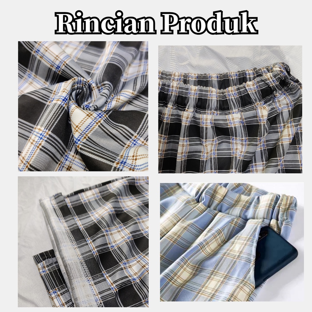 Kotak kotak wanita/Premium Cotton Stretch Celana panjang/Highwaist Celana bahan wanita model longgar/celana kotak kotak wanita