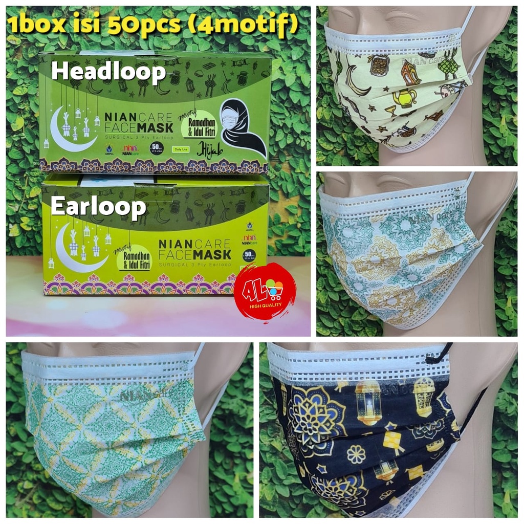 NIANcare Masker MEDIS Bedah Muslim Hijab Ramadhan 3ply Earloop Mask 50pcs