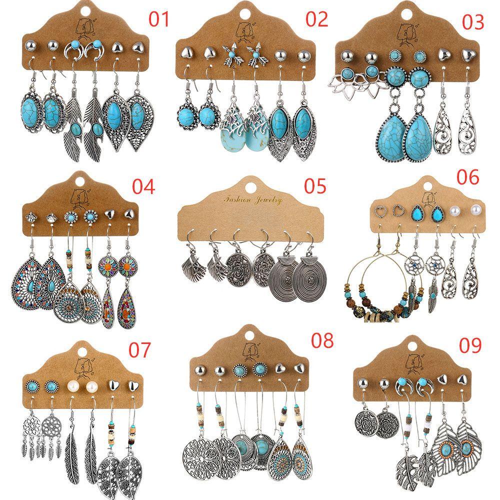 Preva Turquoise Earrings Set Anting Wanita Bohemian Warna Silver Panjang