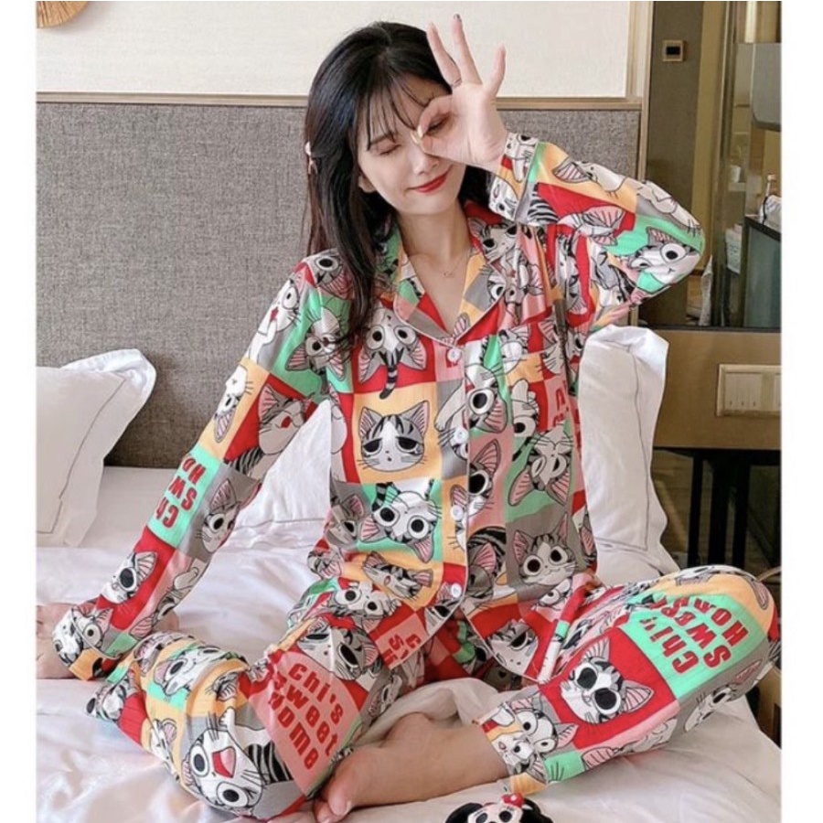 BAJU TIDUR REAMAJA ABG SYARIH PANJANG IMPORT BIG SIZE M-2XL SETELAN CELANA PANJANG MOTIF KRAHKANCING