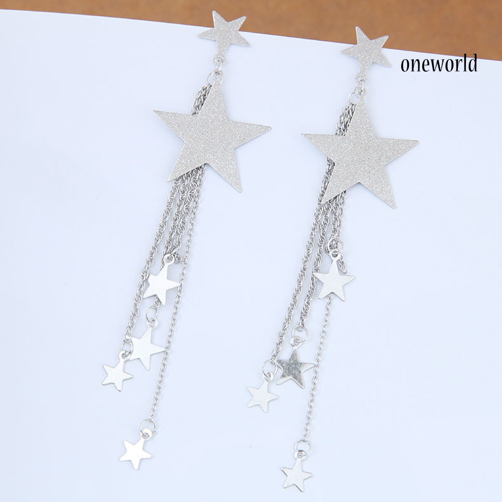 OW@ Women Five-Pointed Star Long Tassel Dangle Stud Earrings Piercing Jewelry Gift