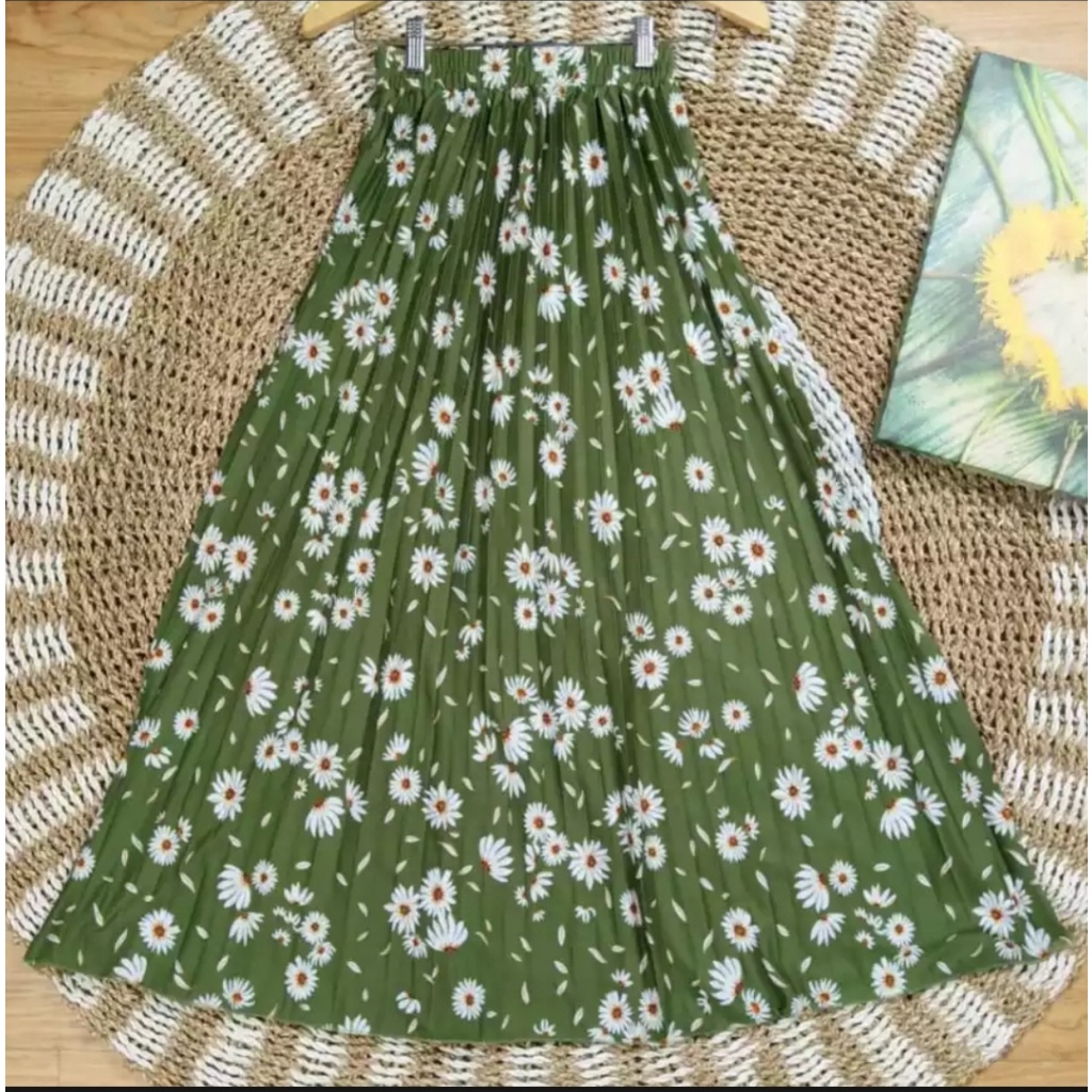 ROK PLISKET DAILY FLOWERS PREMIUM // ROK PLISKET PREMIUM MOTIF BUNGA // BAHAN HYGET PREMIUM-hijau new daisy