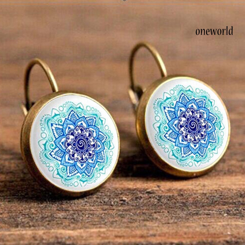 OW@ Vintage Flower Lotus Mandala Glass Cabochon Leverback Earrings Women Jewelry