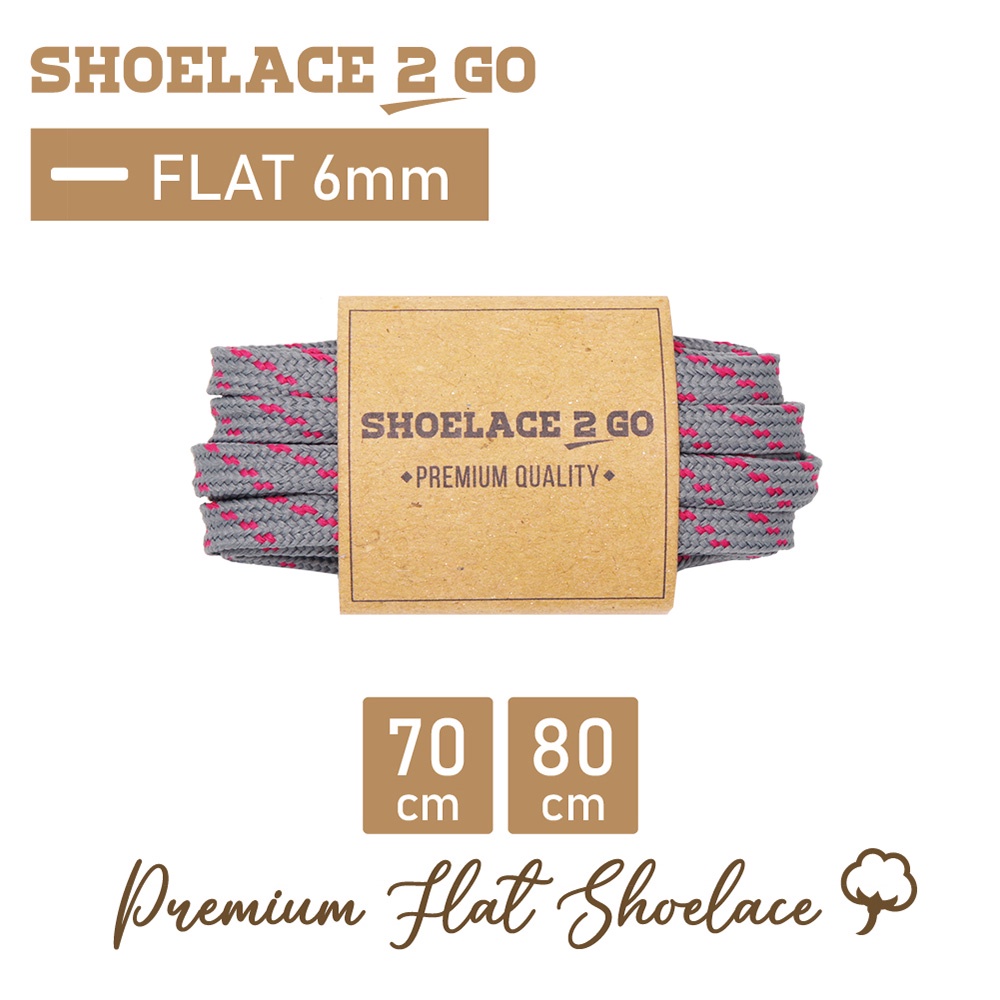 SHOELACE 2 GO PREMIUM TALI SEPATU MOTIF GEPENG PIPIH FLAT N11 GREY WITH HOT PINK STRIPES - 70CM 80CM