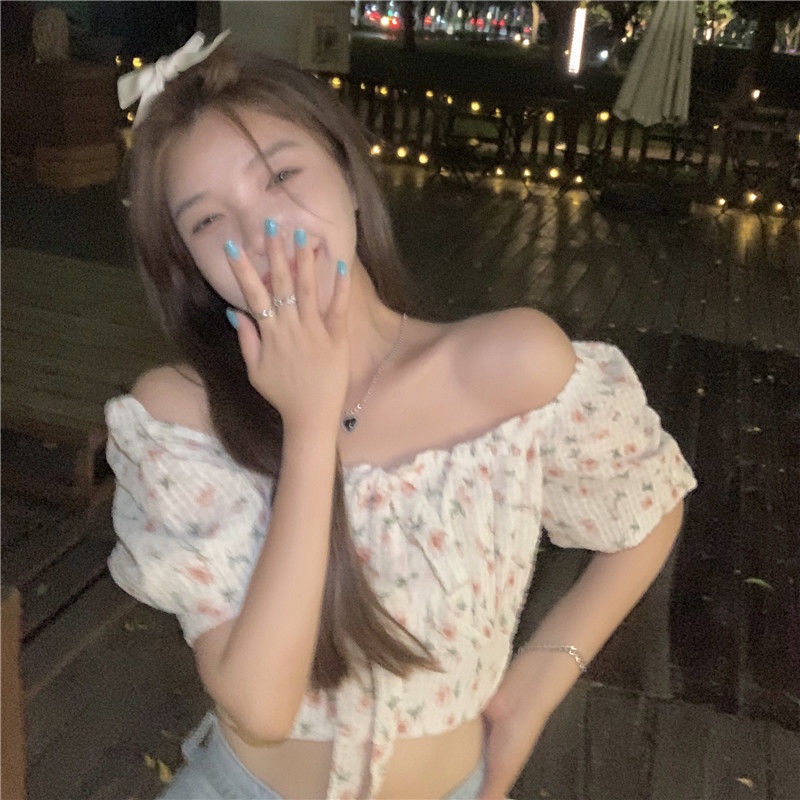Suhao sangat peri super peri kemeja sifon lengan pendek satu bahu off-the-bahu atasan bunga aprikot