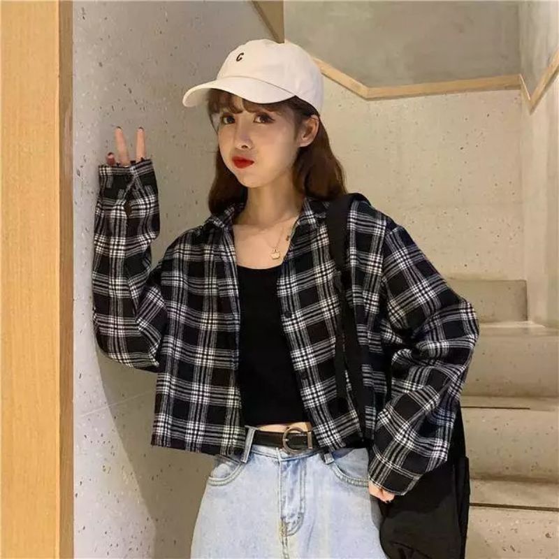 erwiray.store - Kemeja Crop Kotak Lengan panjang Murah Style Korea Kekinian | Kemeja crop oversize w
