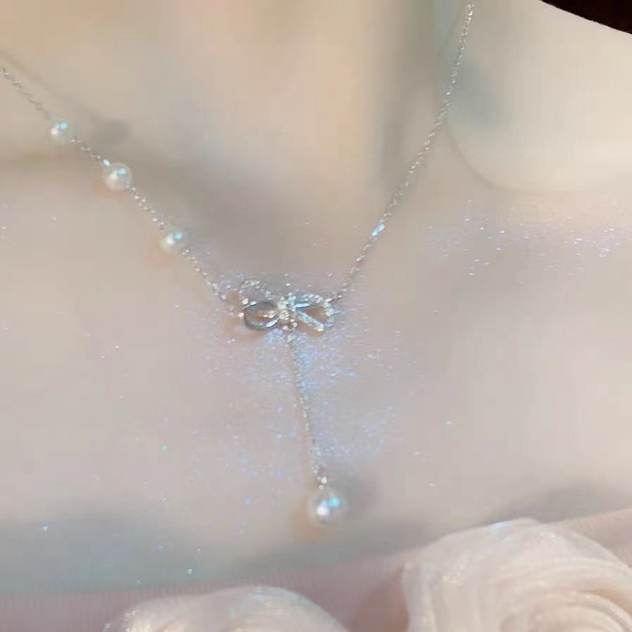 Kalung Mutiara Zircon Bentuk Pita Gaya Korea