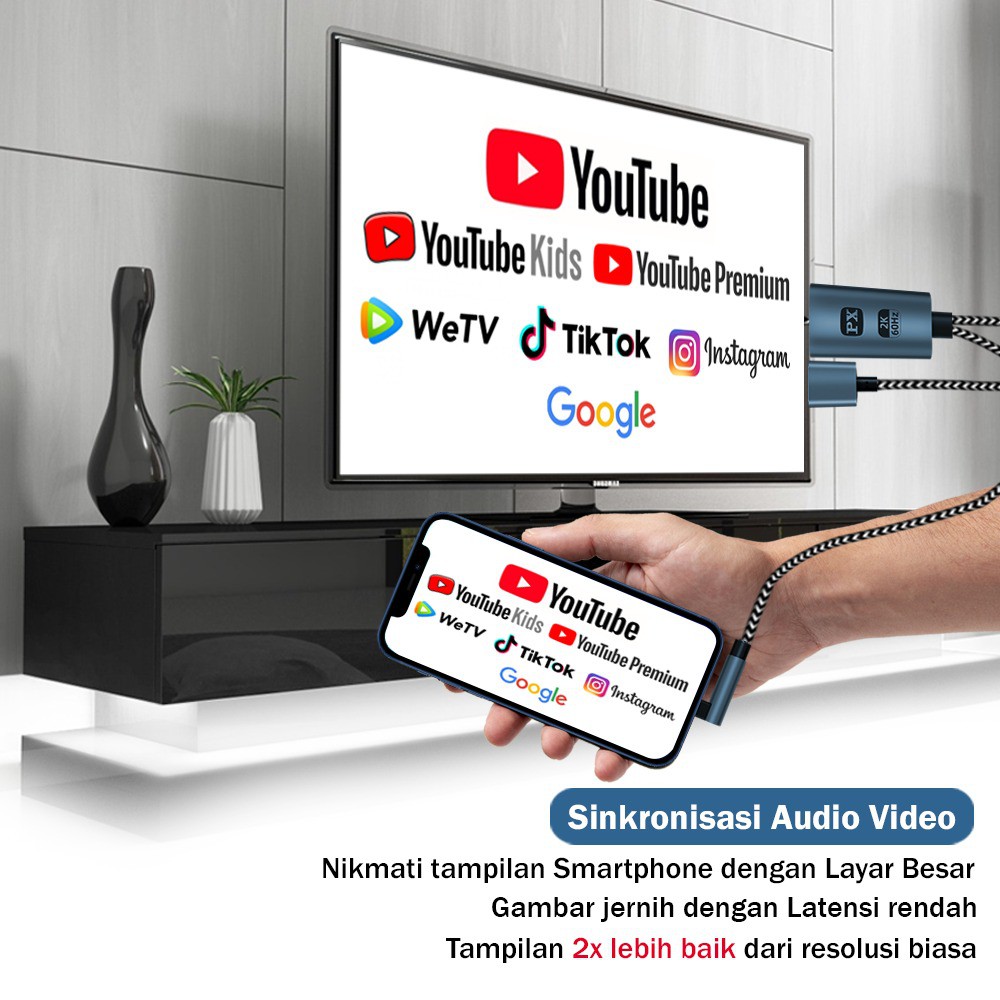 Kabel MHL Lightning Converter iPhone iPad ke HDMI 2 meter PX MHA-120