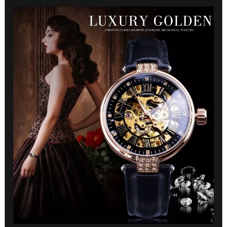 Jam Tangan Wanita Automatic Original Luxury Golden Diamond Series Forsining Strap Kulit