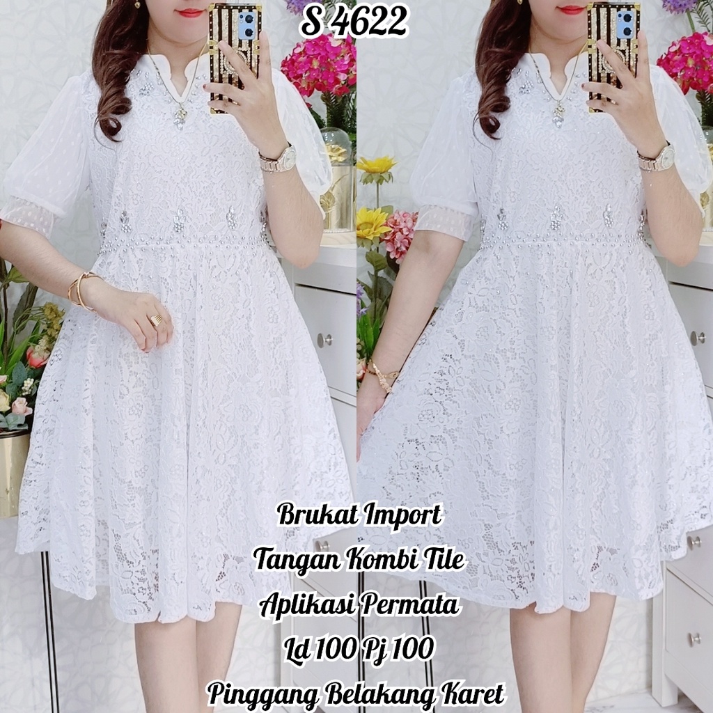 STYLE 51170 M18. Dress Brukat Putih Permata Cantik Mewah Midi Lengan Pendek PREMIUM