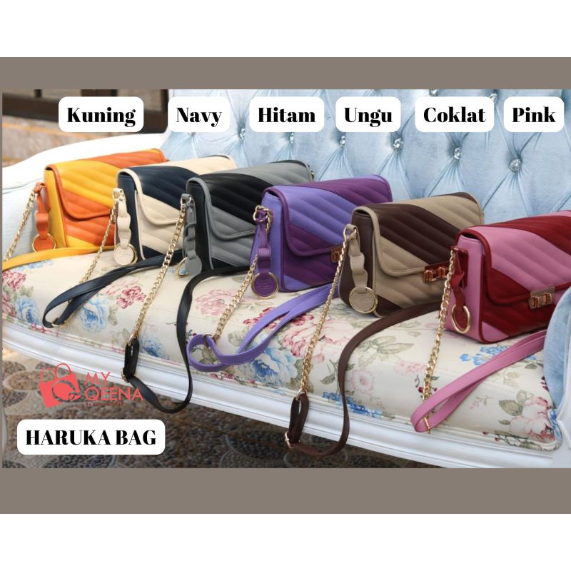 Tas Wanita Selempang Two Tone Bag HARUKA Original My Qeena Kombinasi Tali Rantai