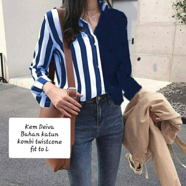 PC-[READY STOCK] Kemeja Deiva Kombi / Kemeja Wanita / Pakaian Kerja / Atasan wanita-Navy