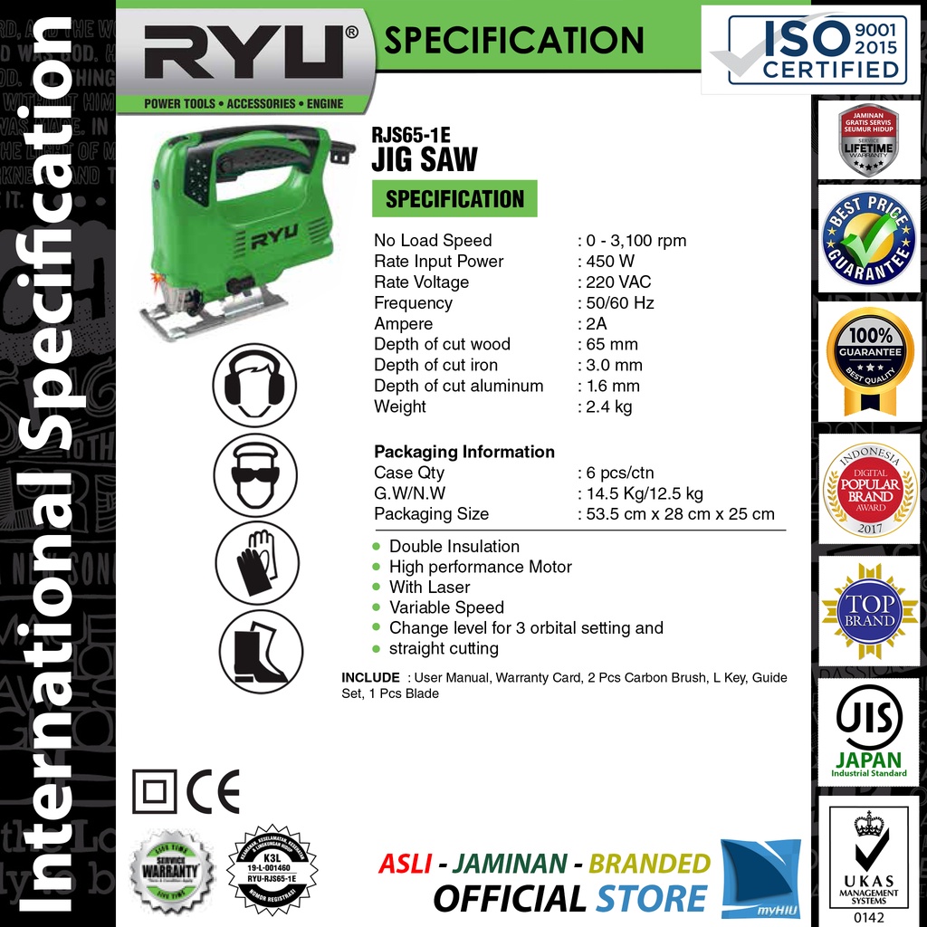 Mesin Gergaji Ukir 65 mm Zig Zag 450 watt - Jig Saw RJS65-1E RYU