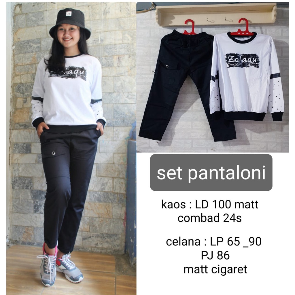 Setelan Wanita Celana Cargo Pantaloni Hitam Katun Sigaret dan Kaos Zolaqu Putih Volkadot Bahan Combe