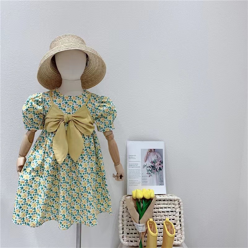 Dress Anak Impor Cute Perempuan Lengan Pendek Motif Pita Kuning Besar