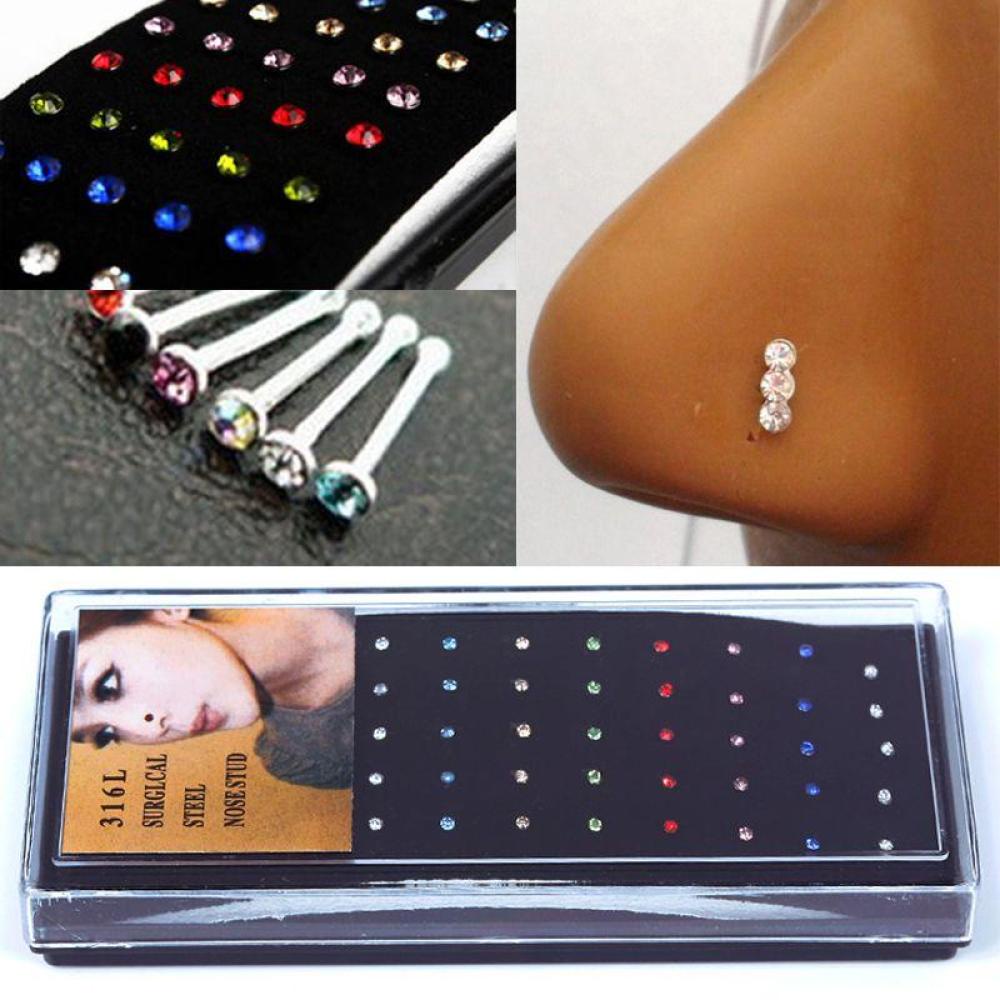 Timekey 40pcs Cincin Tindik Hidungtubuh Bahan Surgical Steel Hias Kristal Aneka Warna Untuk Wanita E5M7