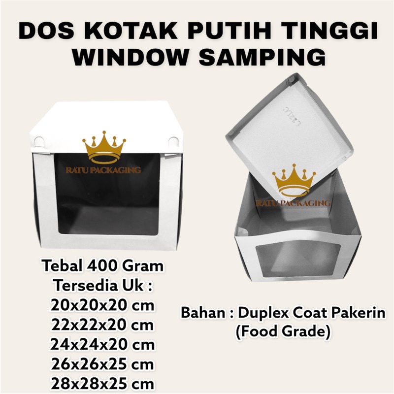 

RATU | Dos DUPLEX POLOS MIKA SAMPING Kue Tinggi 20&25 Kardus Box Sus Kotak Kue Putih Tinggi Window Samping / Hampers Kotak Ukuran 18x18x20, 20x20x20, 22x22x20, 24x24x20, 26x26x25, 28x28x25, 30x30x30, 32x32x30