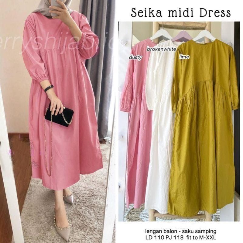 Seika Curve Midi Dress Polos Katun Linen