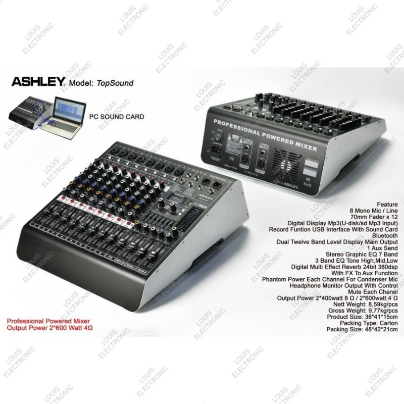 Power Mixer ASHLEY TopSound Top Sound 8 Channel Professional Power Mixer