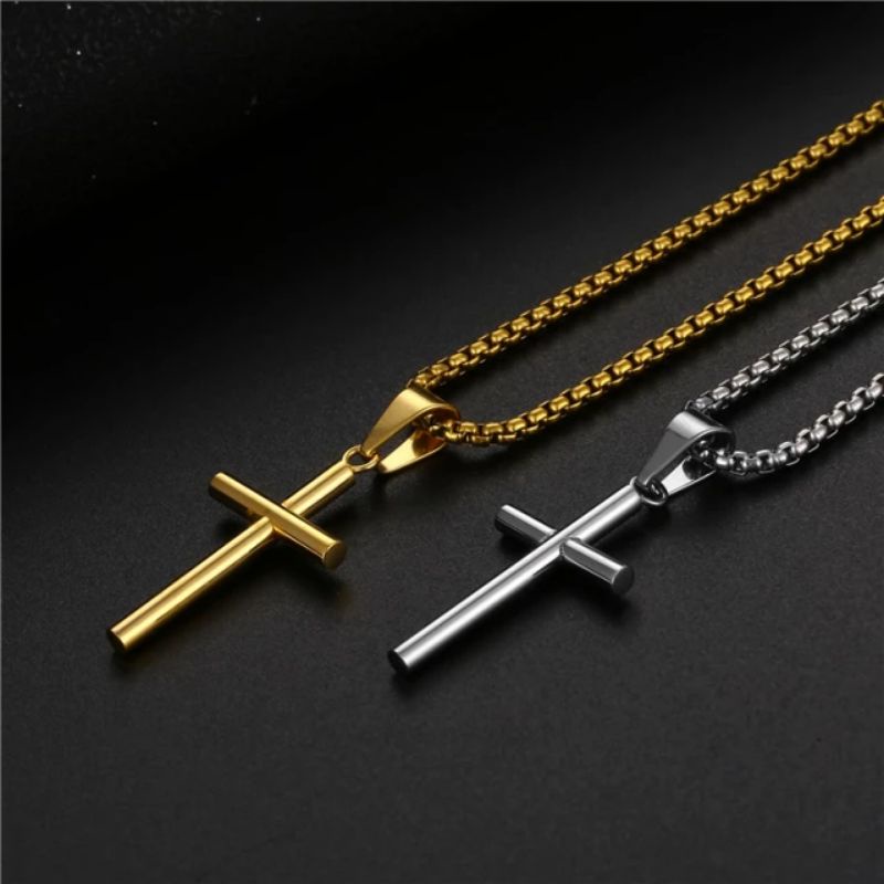 Kalung Salib Titanium Pria Wanita Rantai Rollo