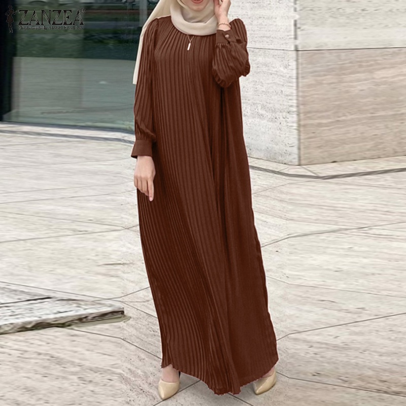 ZANZEA Women Fashion Casual Solid Color Long Sleeve O Neck Retro Muslim With Belt Maxi Dress