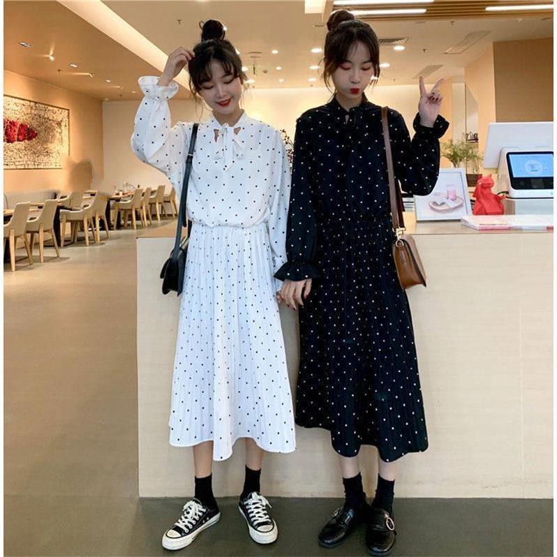 Dres wanita tunik hitam putih lengan panjang polkadot mid-length tali ikat leher
