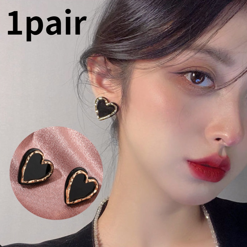 Anting Stud Enamel Bentuk Hati Warna Hitam Gaya Korea Untuk Wanita