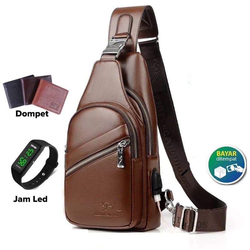 Tas Selempang Pria Kulit Murah Anti Air - Jason Coklat bonus Dompet + Jam Tangan LED/Headset