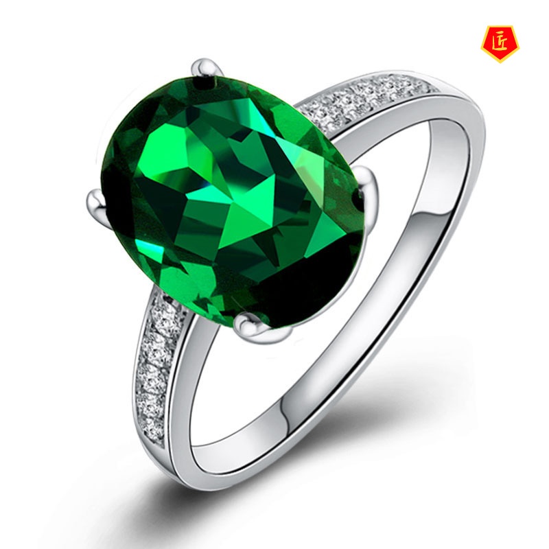 [Ready Stock]925 Silver Green Crystal Tourmaline Ring 18K White Gold Elegant Fashion