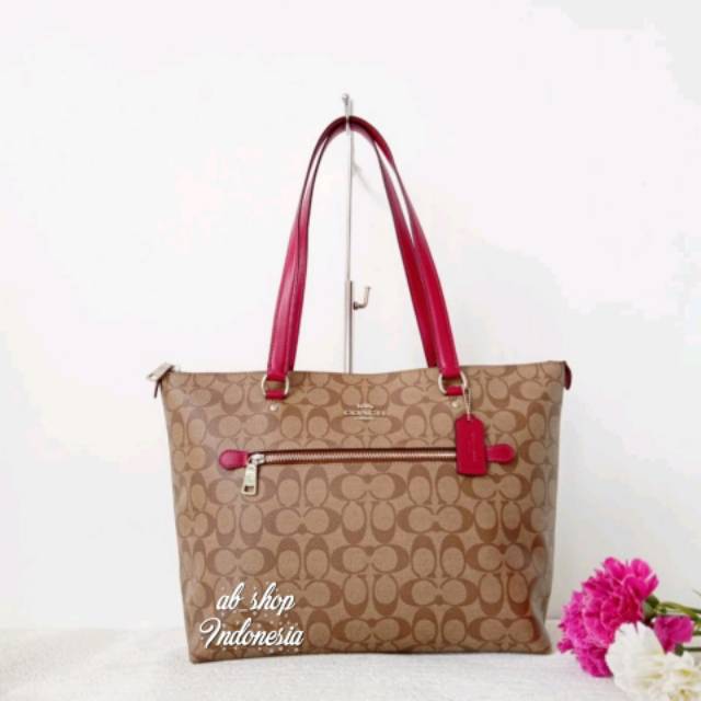Tas Wanita Coach F79609 Gallery Tote Sign Khaki Dark Fuchsia