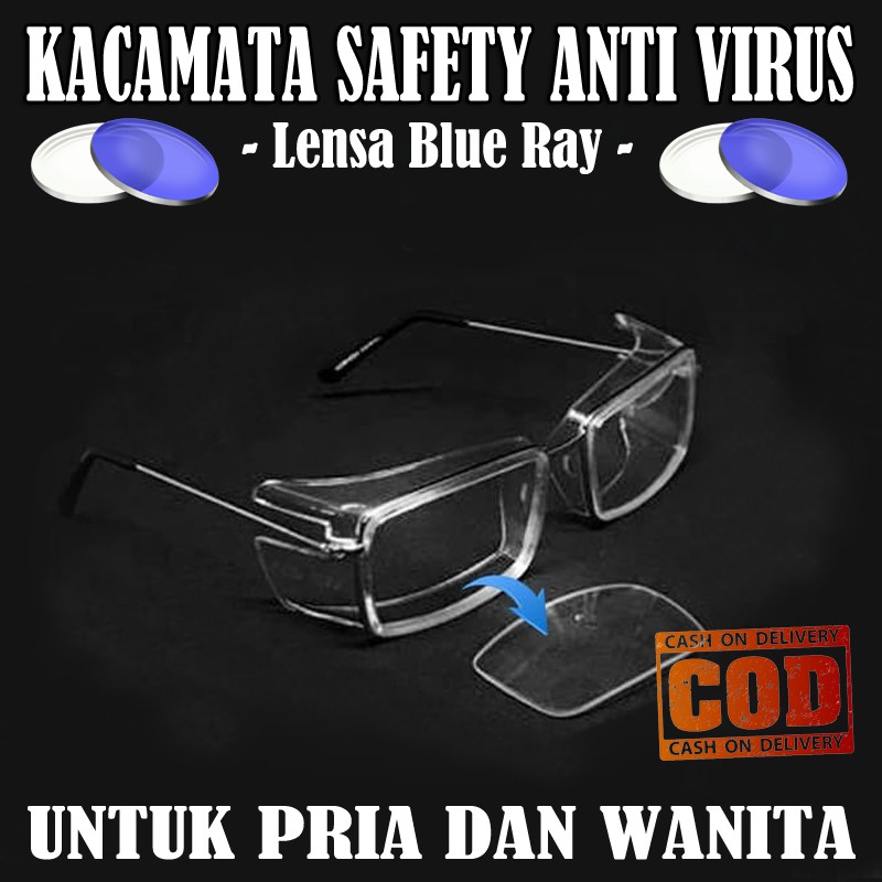 Kacamata Safety Glasses Anti Virus Lens Antiradiasi Blueray Kaca mata Pelindung Kacamata Lab